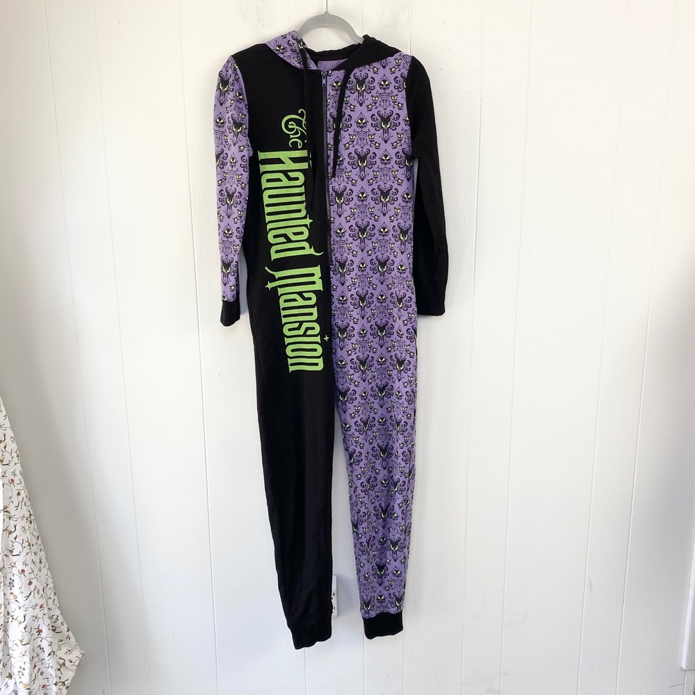 Disney Parks Haunted Mansion Wallpaper Hooded Jumpsuit XS Purple Black Zip Up